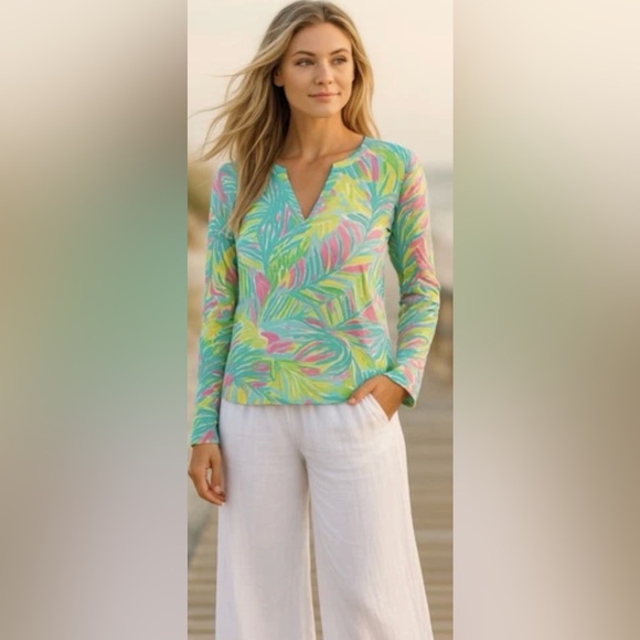 Lilly Pulitzer Tropical Leaves Top Long Sleeve V Neck Beach Preppy Resort Small - Picture 5 of 13